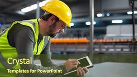  Presentation with using digital tablet - PPT theme featuring lean - factory worker using digital tablet background and a tawny brown colored foreground
