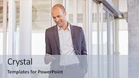  Presentation with formal - Slide deck enhanced with lean - happy mature businessman in formal background and a light blue colored foreground