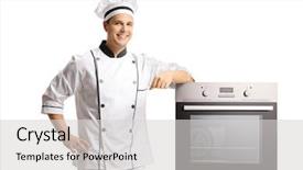  Presentation with chef - Cool new slides with lean - smiling young male chef standing backdrop and a light gray colored foreground