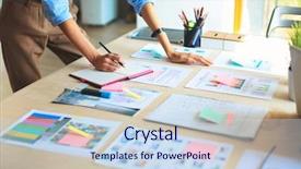  Presentation with female - Audience pleasing slides consisting of lean - young female businesswoman backdrop and a sky blue colored foreground