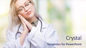  Presentation with woman praying over bible - Beautiful PPT theme featuring lean health care - young blonde doctor woman backdrop and a  colored foreground