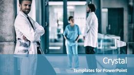  Presentation with cutout paper people standing around globe holding hands - Beautiful presentation featuring standing against wall in hospital backdrop and a teal colored foreground