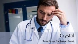  Presentation with doctor in hospital health insurance related icons healthcare person saving medical - Slides having sad doctor standing in hospital background and a  colored foreground