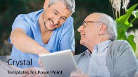  Presentation with nurse a male patient - Colorful PPT theme enhanced with lean health care - smiling male nurse assisting senior backdrop and a light blue colored foreground