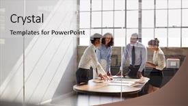  Presentation with win win in business - Beautiful slide deck featuring lean management - business team seen through window backdrop and a light gray colored foreground