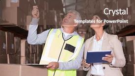  Presentation with foreman - Cool new slide set with lean management - pretty warehouse manager talking backdrop and a tawny brown colored foreground