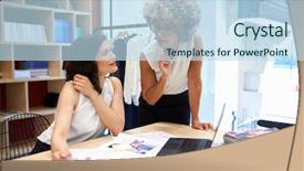  Presentation with facility layout - Slides having lean management - two female creatives discussing magazine background and a sky blue colored foreground