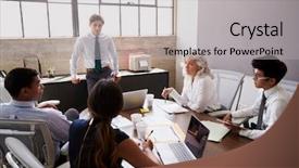  Presentation with sports manager - PPT theme enhanced with lean management - young male manager stands listening background and a light gray colored foreground