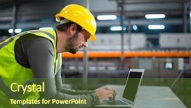  Presentation with factory - Colorful theme enhanced with lean manufacturing - factory worker using laptop backdrop and a tawny brown colored foreground