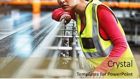  Presentation with conveyor belt - Presentation consisting of lean manufacturing - female factory worker checking conveyor background and a yellow colored foreground