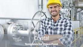  Presentation with lean manufacturing - Amazing PPT theme having lean manufacturing - young male worker standing arms backdrop and a gray colored foreground