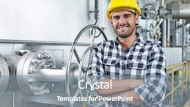  Presentation with gearbox cross section engine industry - Slide deck enhanced with lean manufacturing - young male worker standing arms background and a gray colored foreground