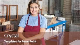  Presentation with portrait of excited overjoyed female - Beautiful slide deck featuring lean production - portrait of confident female worker backdrop and a tawny brown colored foreground