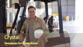  Presentation with forklift - PPT layouts enhanced with lean production - portrait of happy worker standing background and a  colored foreground