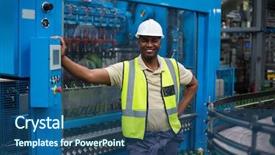  Presentation with factory machine - Presentation having lean production - smiling factory worker standing near background and a ocean colored foreground
