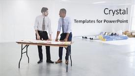  Presentation with interior design office - Colorful slide deck enhanced with lean start up - businessmen discussing plans for office backdrop and a light gray colored foreground