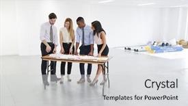  Presentation with interior design office - Slide deck consisting of lean start up - four business people discussing office background and a light gray colored foreground