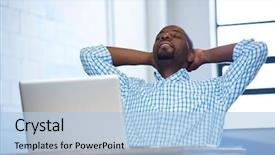  Presentation with man head in hands - Amazing slides having lean start up - man relaxing on chair backdrop and a  colored foreground