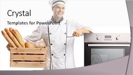  Presentation with baker kneading dough homemade bread - PPT theme consisting of leaning on an oven background and a white colored foreground