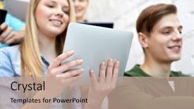  Presentation with technology education - Presentation theme featuring learn communicate - education technology people and internet background and a coral colored foreground