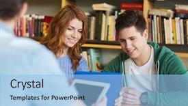  Presentation with school technology - Colorful presentation theme enhanced with learn communicate - people education technology and school backdrop and a  colored foreground