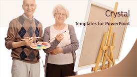  Presentation with elderly - Slide deck featuring learn old man woman - elderly couple holding paintbrushes background and a  colored foreground