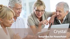  Presentation with group - Slide set enhanced with learn old man woman - group of retired senior people background and a coral colored foreground