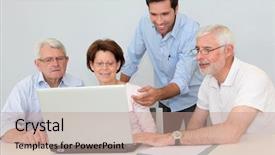  Presentation with job search - Beautiful PPT theme featuring learn old man woman - group of senior people attending backdrop and a coral colored foreground