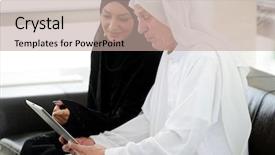  Presentation with arabic - Presentation theme having learn old man woman - muslim arabic couple using tablet background and a coral colored foreground