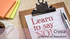  Presentation with cup coffee - Theme featuring learn to say no - advice background and a soft green colored foreground