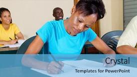  Presentation with african american students - PPT theme featuring learn write - group of african american adult background and a light blue colored foreground