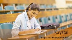  Presentation with university - Presentation design consisting of learn write - happy university student studying background and a gold colored foreground