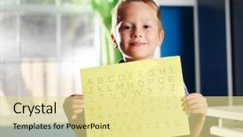  Presentation with homework - Presentation theme featuring learn write - little boy holding completed homework background and a blonde colored foreground