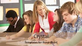  Presentation with teacher and students - Slides having learn write - teenage students studying in classroom background and a coral colored foreground