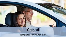  Presentation with driving - Colorful slide set enhanced with learner driver student driving car with instructor happy and confident smiling girl backdrop and a light blue colored foreground