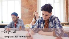  Presentation with student writing teacher - Beautiful presentation theme featuring learner solution - inspired student writing down his backdrop and a  colored foreground