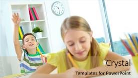  Presentation with raising the bar - Colorful PPT theme enhanced with learner solution - portrait of clever schoolkid raising backdrop and a yellow colored foreground