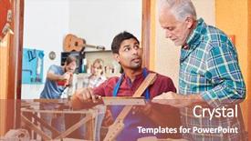  Presentation with music master - Beautiful PPT theme featuring learning blue - young man learns from luthier backdrop and a coral colored foreground