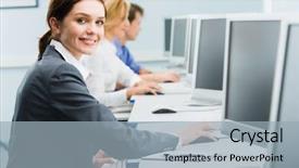  Presentation with computer hardware bus - PPT theme having learning centers - portrait of busy woman sitting background and a light gray colored foreground