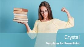  Presentation with child girl reading a book - PPT theme featuring learning difficulties - strong smart girl holding books background and a light blue colored foreground