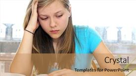  Presentation with girl teens - Amazing PPT theme having learning difficulties - teenage girl studying with textbooks backdrop and a coral colored foreground