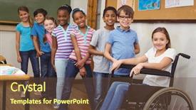  Presentation with pupil - Slide set with learning disabilities - disabled pupil smiling at camera background and a tawny brown colored foreground