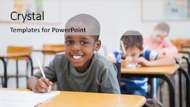  Presentation with pupil - Presentation theme enhanced with learning disabilities - disabled pupil writing at desk background and a white colored foreground