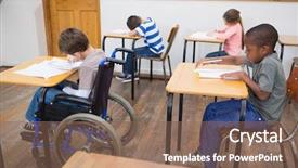 Presentation with school desk - Presentation theme featuring learning disabilities - disabled pupil writing at desk background and a violet colored foreground