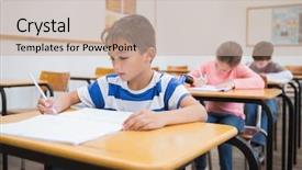  Presentation with pupil - Presentation design having learning disabilities - disabled pupil writing at desk background and a mint green colored foreground