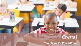  Presentation with school violance - Slide deck with learning disabilities - disabled schoolboy smiling in classroom background and a coral colored foreground