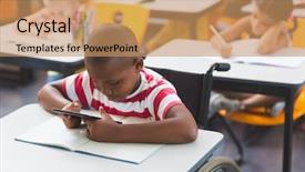  Presentation with learning disabilities - Slide deck with learning disabilities - disabled schoolboy using digital tablet background and a coral colored foreground