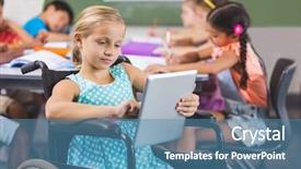  Presentation with learning disabilities - Slide set featuring learning disabilities - disabled schoolgirl using digital tablet background and a teal colored foreground