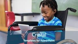  Presentation with using digital tablet - Theme with learning disabilities - happy schoolboy sitting on wheelchair background and a ocean colored foreground