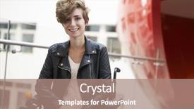  Presentation with learning disabilities - Cool new PPT theme with learning disabilities - smiling disabled female university student backdrop and a coral colored foreground